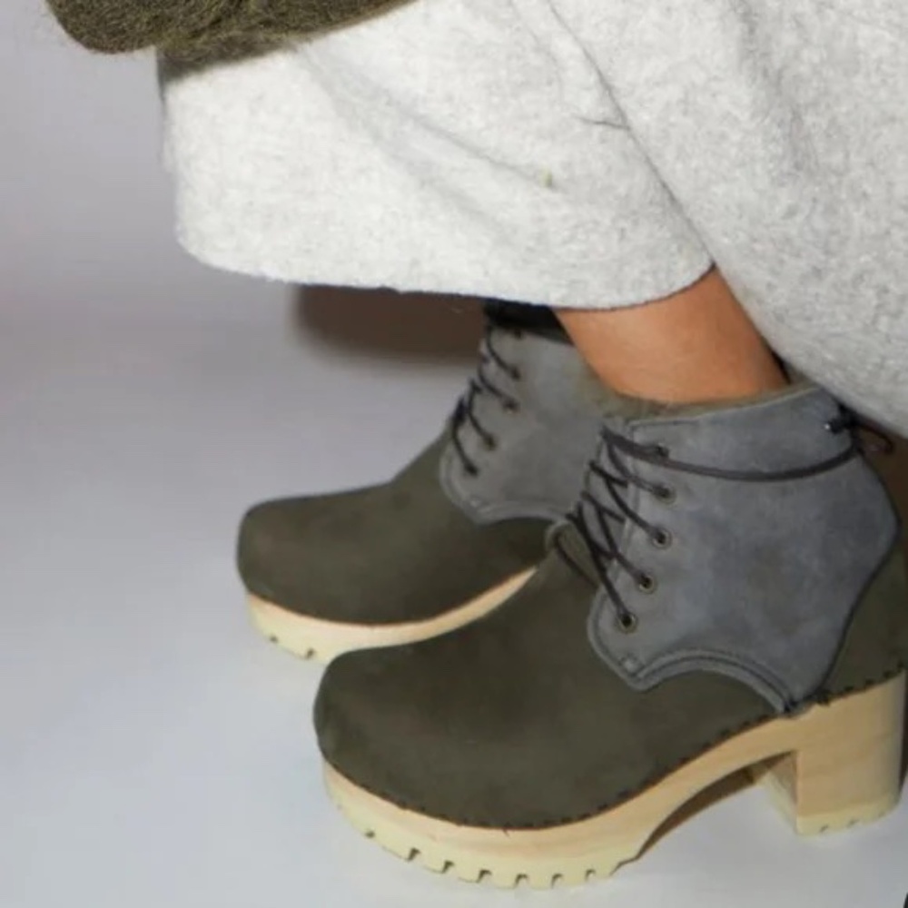 No.6 Lander Lace Up Shearling Clog Boots Olive Green Smoke Leather Size 38